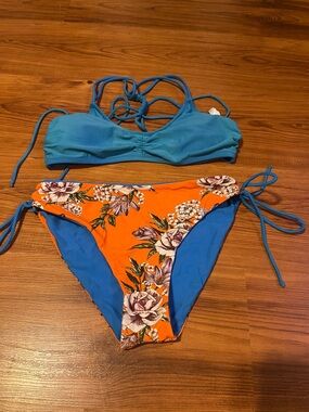 Cupshe Teal Blue Strappy Bikini Top with Orange Floral Bikini Bottom